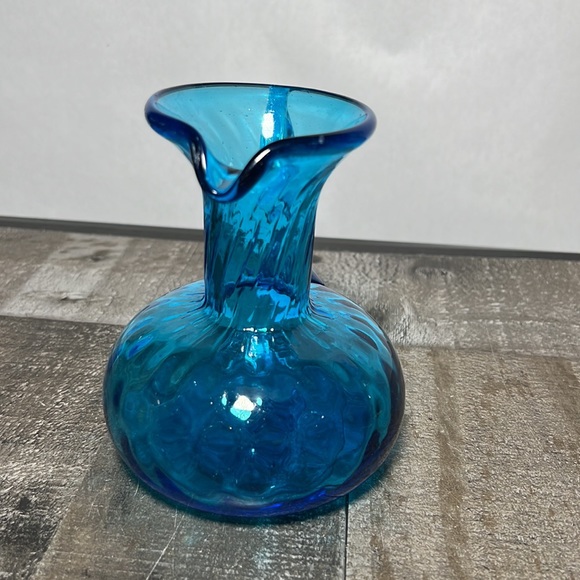 Small Blue Hand Blown Glass Pitcher Unique Design - Picture 4 of 7